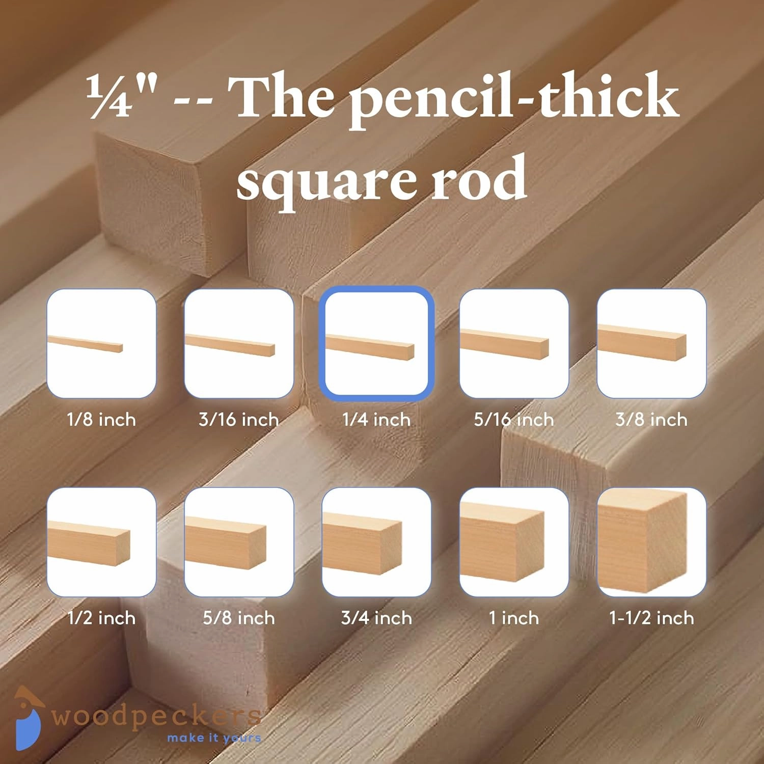DIY Wooden Square Dowel Rod 1/4-inch x 12 Pack of 100 Hobby Wood Sticks for Crafts, Wood Trim & Architecture Model Making, by Woodpeckers