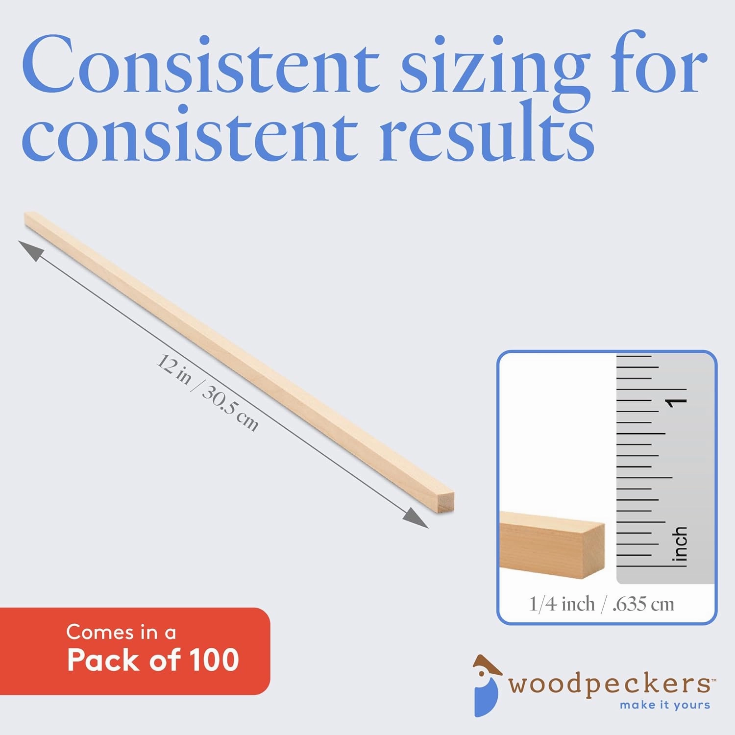 DIY Wooden Square Dowel Rod 1/4-inch x 12 Pack of 100 Hobby Wood Sticks for Crafts, Wood Trim & Architecture Model Making, by Woodpeckers