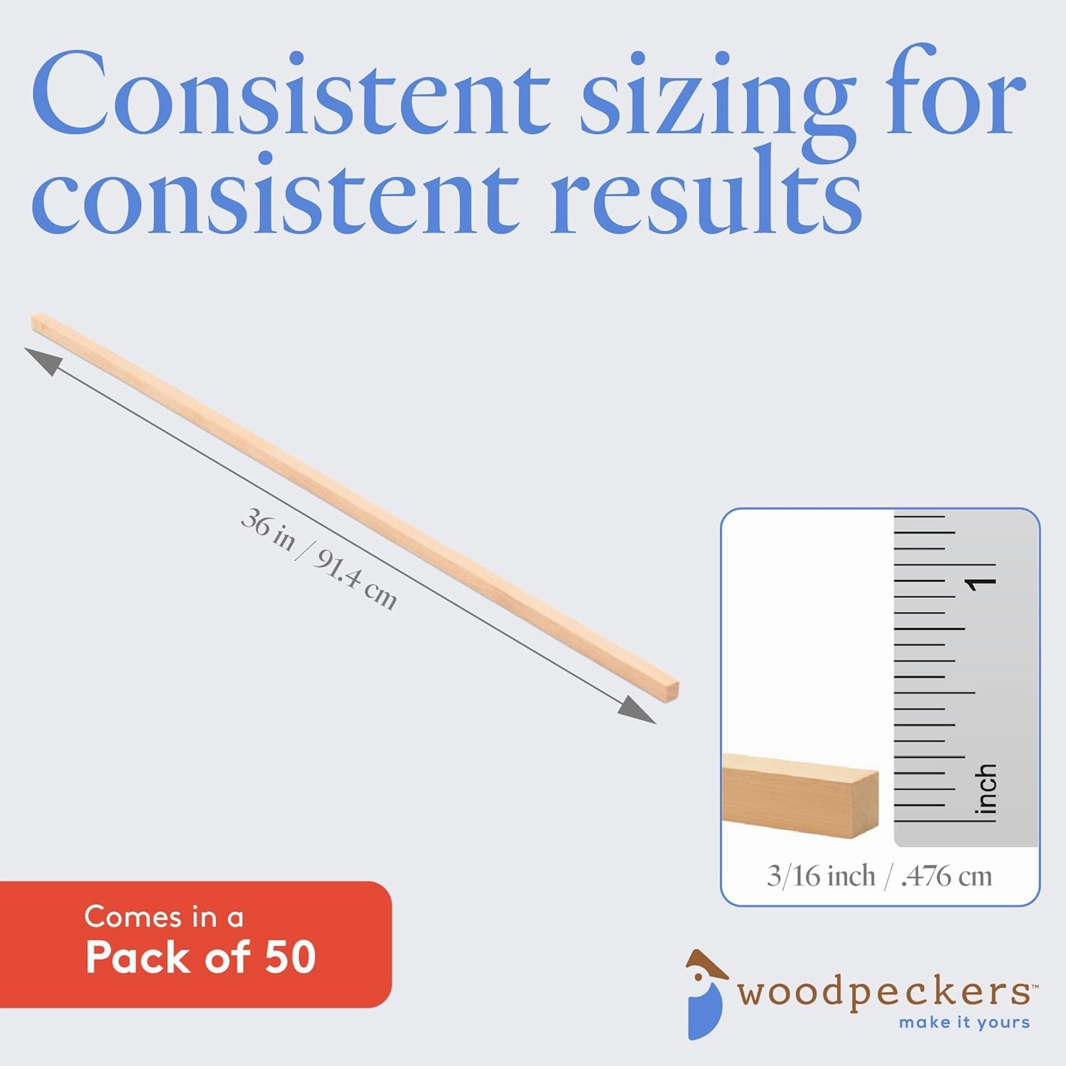 DIY Wooden Square Dowel Rod 3/16-inch x 36 Pack of 50 Hobby Wood Sticks for Crafts, Wood Trim & Architecture Model Making, by Woodpeckers