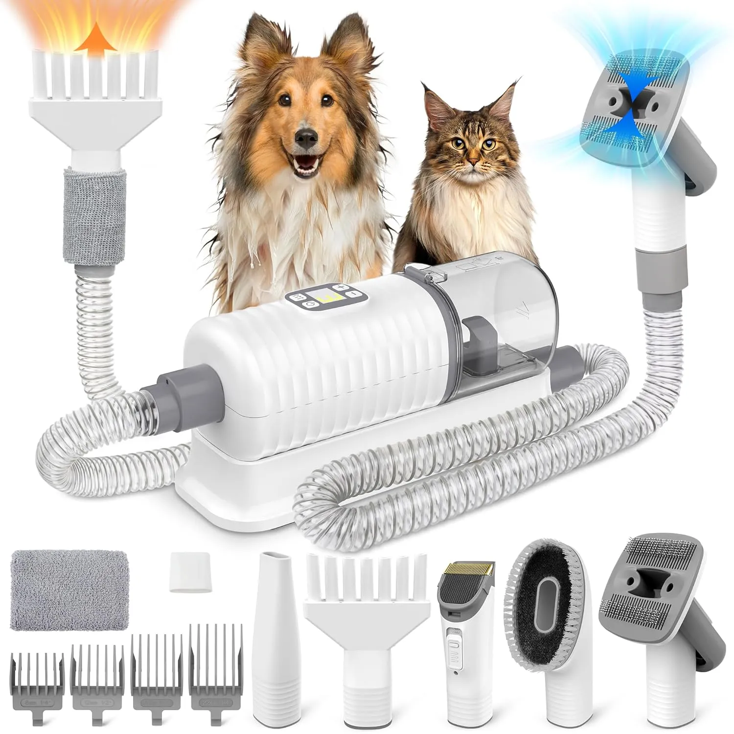 Dog Grooming Vacuum & Hair Dryer Dog Blower for Shedding Grooming, 6 in 1 Pet Grooming Vacuum for Dogs Cats at Home with Pet Clippers and 4 Combs, 9 Adjustable Speed and Temperature Control
