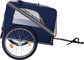 Dog Bike Trailer with Mesh Cart, Folding Pet Carrier Wagon with 3 Entrances and Safety Flag, 20 Inch Wheels, Blue-Gray