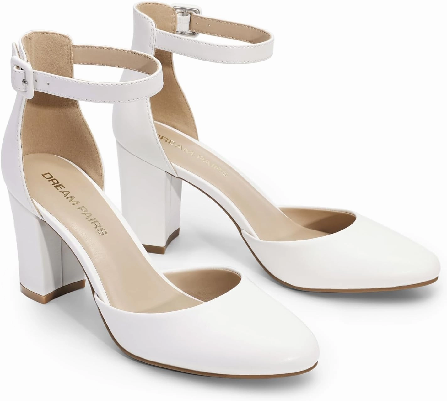 DREAM PAIRS Women's Closed Toe Chunky Heels Ankle Strap Low Block Heels Round Toe Dress Bridal Wedding Pumps Shoes