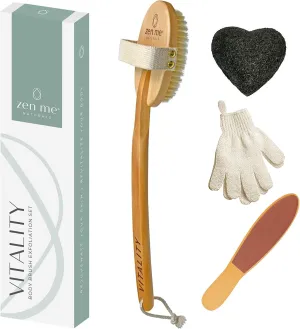 Dry Brushing Body Brush Set by Zen Me - Natural Exfoliation Kit with Premium Boar Bristle Brush, Shower Gloves, Konjac Facial Sponge & Foot File - for Lymphatic Drainage - Great Gift Set