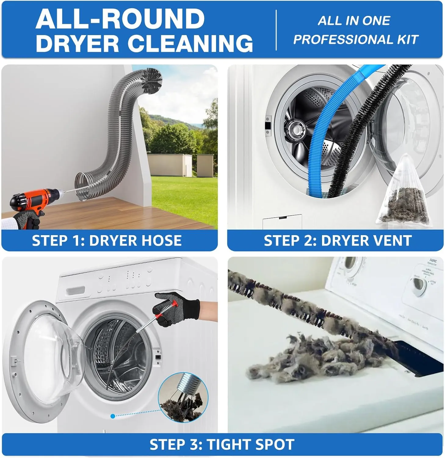 Dryer Vent Cleaner Kit 22-Piece All-Round Dryer Vent Cleaning Kit Lint Remover with 40 Feet Dryer Vent Brush, Vacuum Cleaner Hose Attachment, Flexible Lint Trap Brush, Vacuum & Dryer Adapters