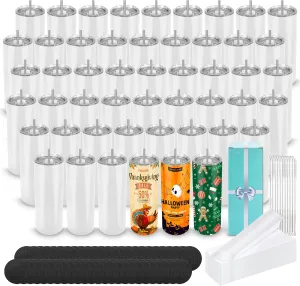 D·S 50 Pack Sublimation Tumblers 20 oz Bulk Skinny Straight Flat Bottom Blank Tumbler Cups with Individual Gift Boxed for Heat Transfer DIY Craft