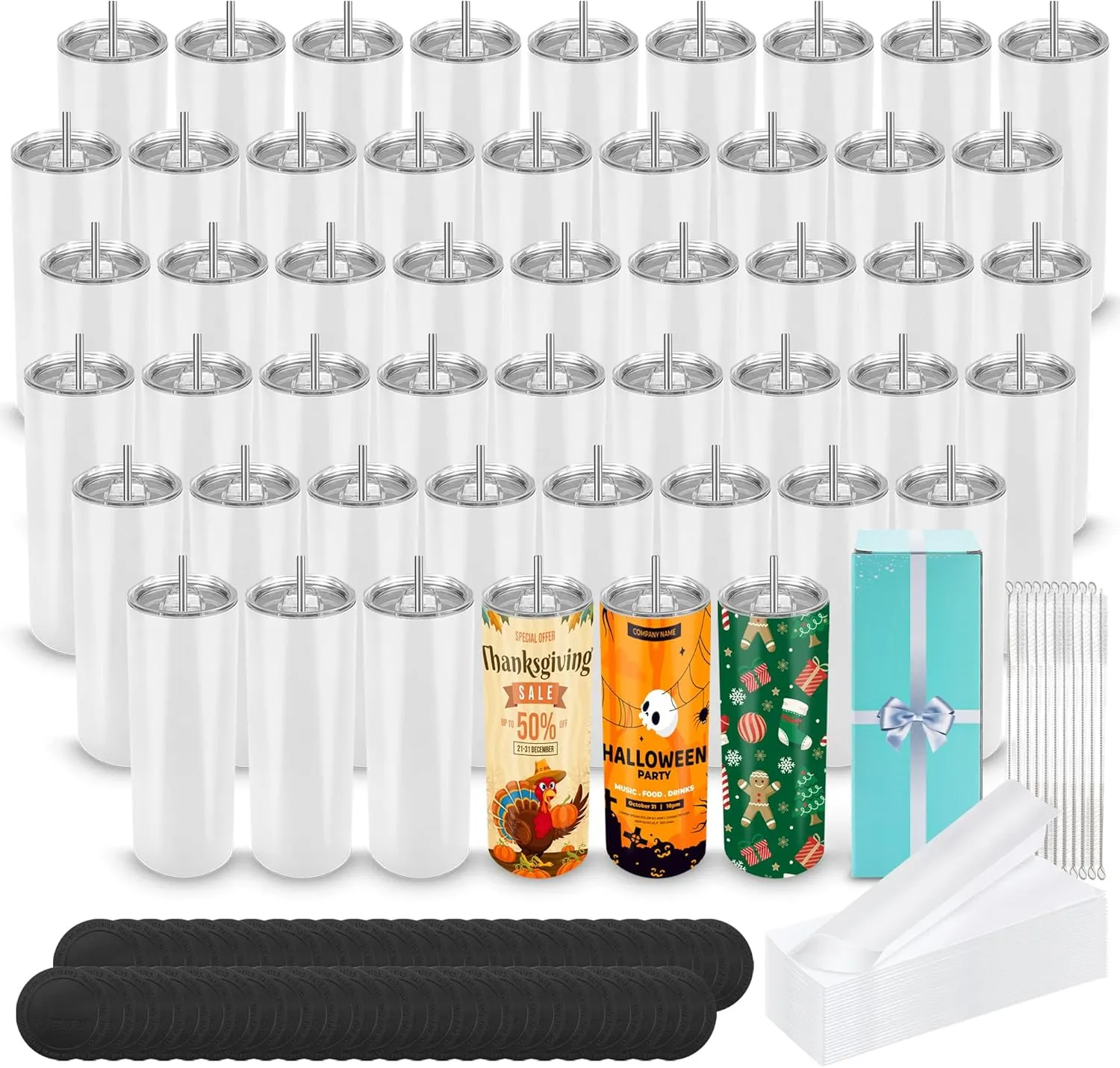 D·S 50 Pack Sublimation Tumblers 20 oz Bulk Skinny Straight Flat Bottom Blank Tumbler Cups with Individual Gift Boxed for Heat Transfer DIY Craft