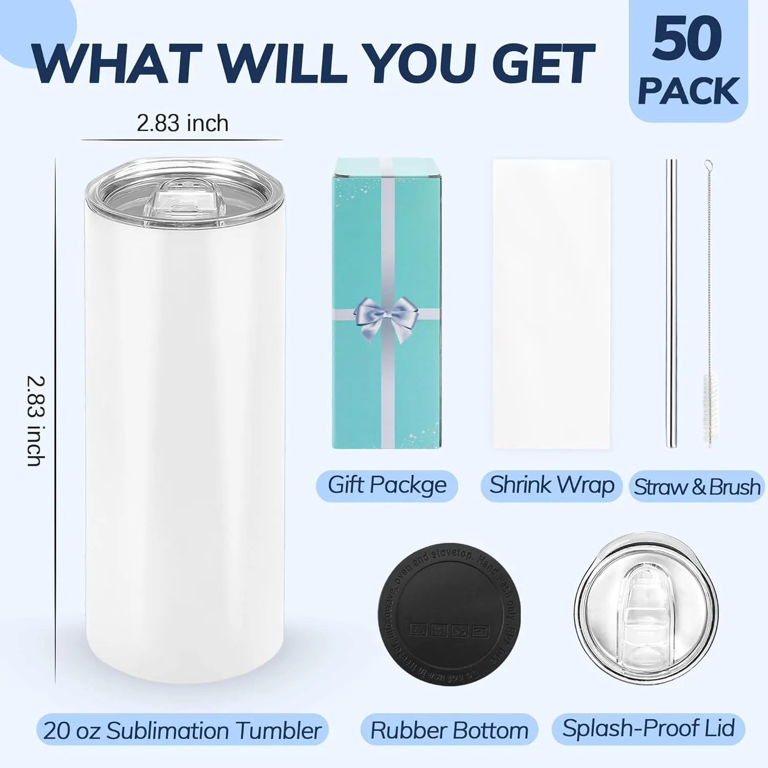 D·S 50 Pack Sublimation Tumblers 20 oz Bulk Skinny Straight Flat Bottom Blank Tumbler Cups with Individual Gift Boxed for Heat Transfer DIY Craft