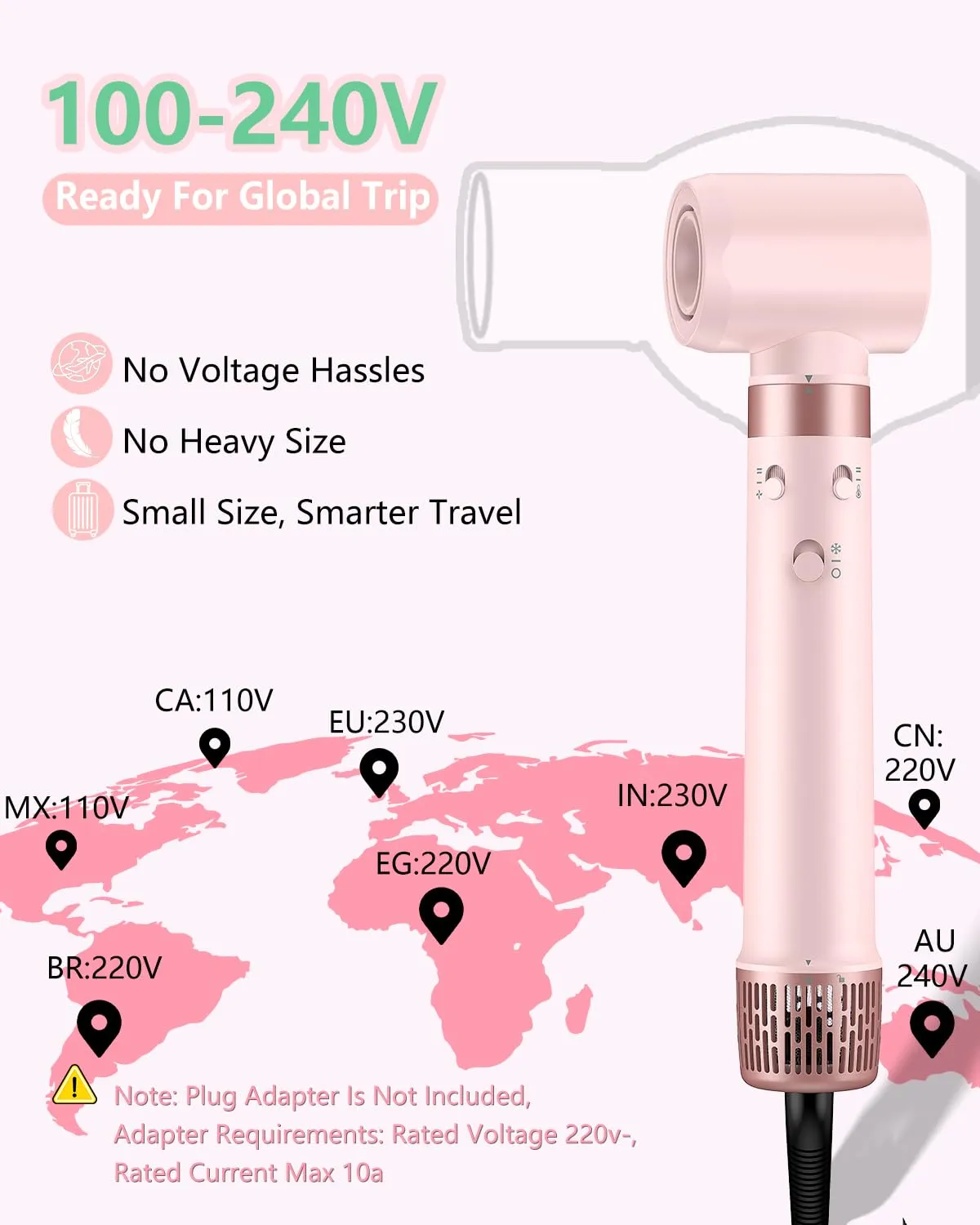 Dual Voltage 5 in 1 Hair Dryer Brush - Hot Air Wrap Styler with High-Speed Blow Dryer, Volumizing, Straightening & Drying with Negative Ion Anti-frizz for 110V-120V/220V-240V Europe and Travel Case
