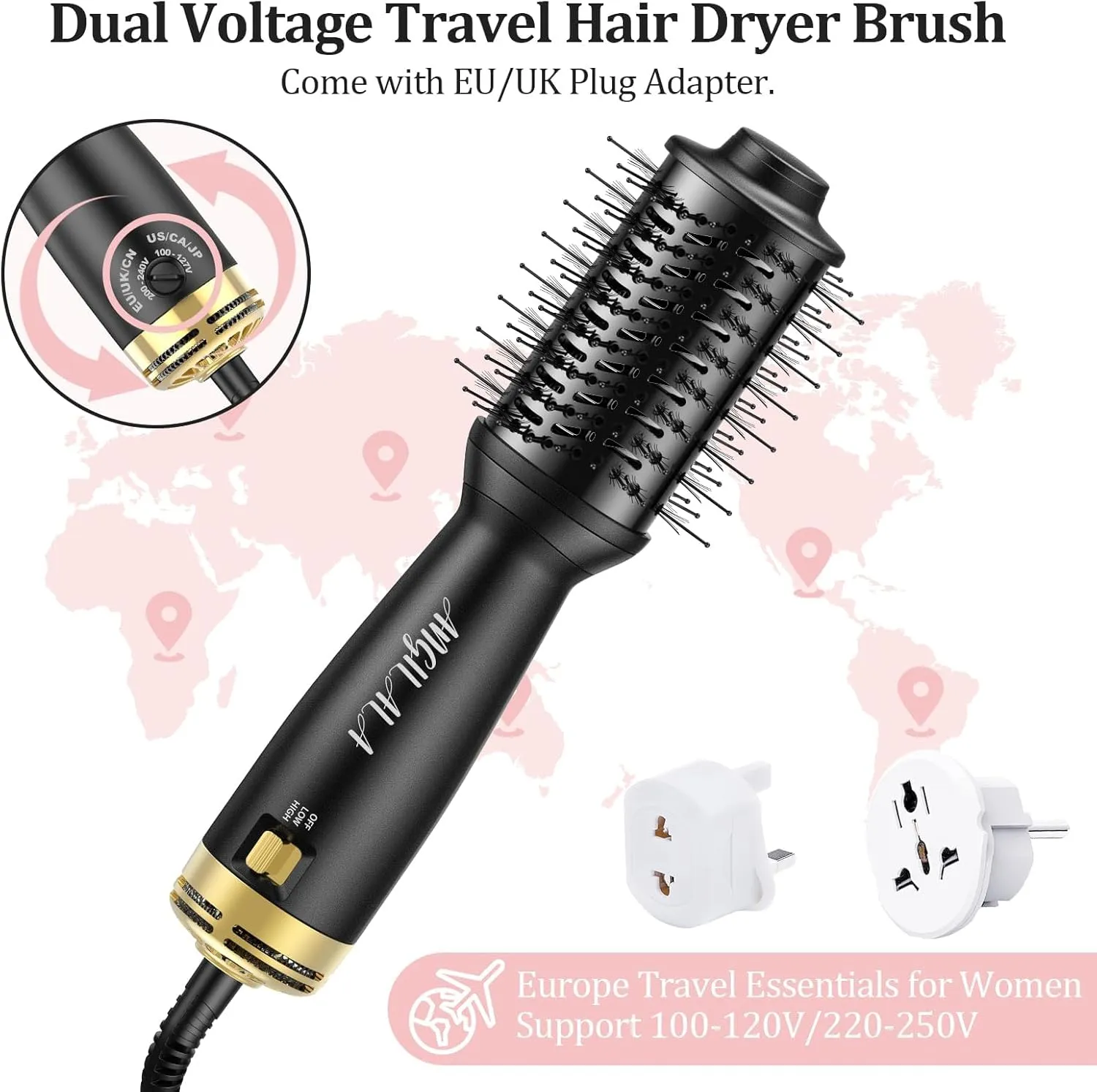 Dual Voltage(100~250V) Mini Hair Dryer Brush with European Plug Adapter for International Travel, Europe Travel Essentials for Women