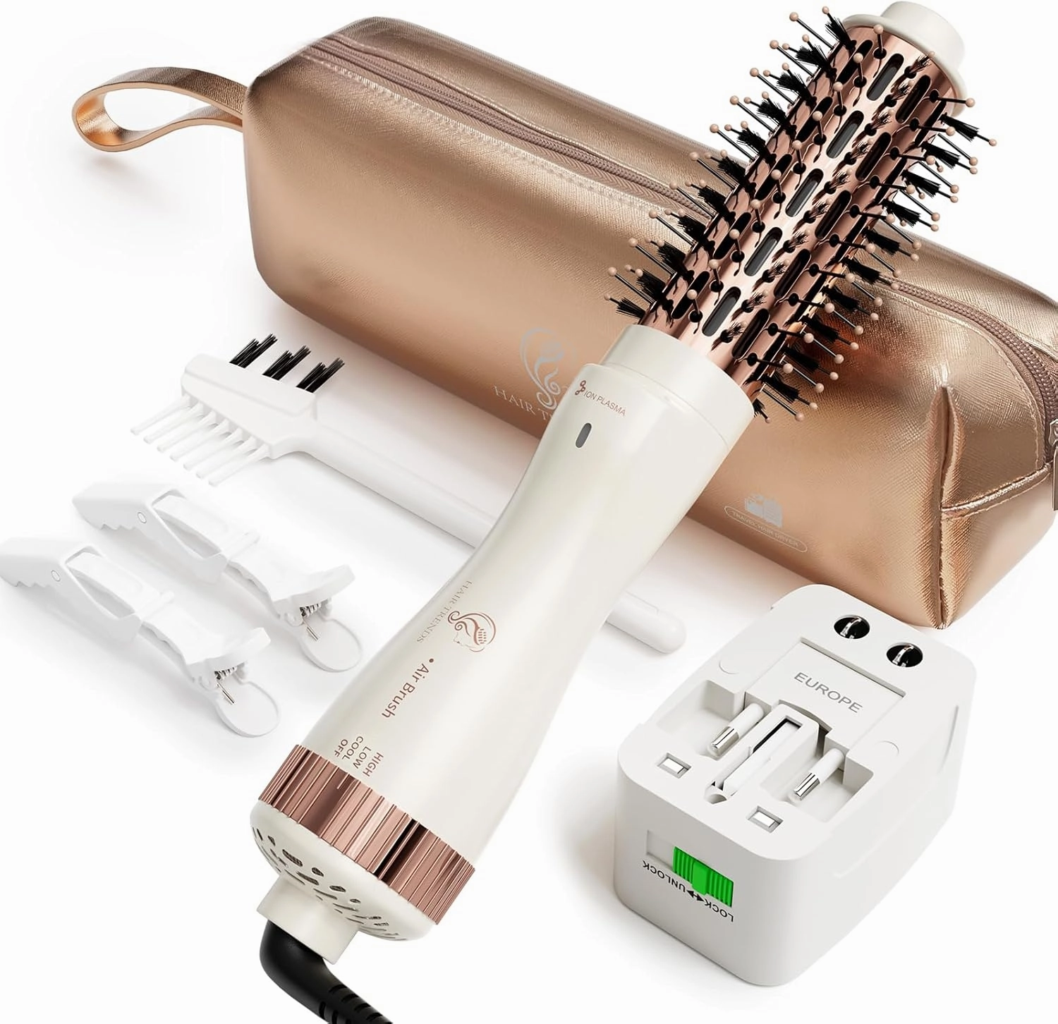 Dual Voltage(110~250V) 1.8 Inch Barrel Round Brush Blow Dryer, Hair Dryer Brush with European Plug Adapter, 4-in-1 Negative Ionic One Step Volumizer Dryer- 2.8 Inch Include Bristles