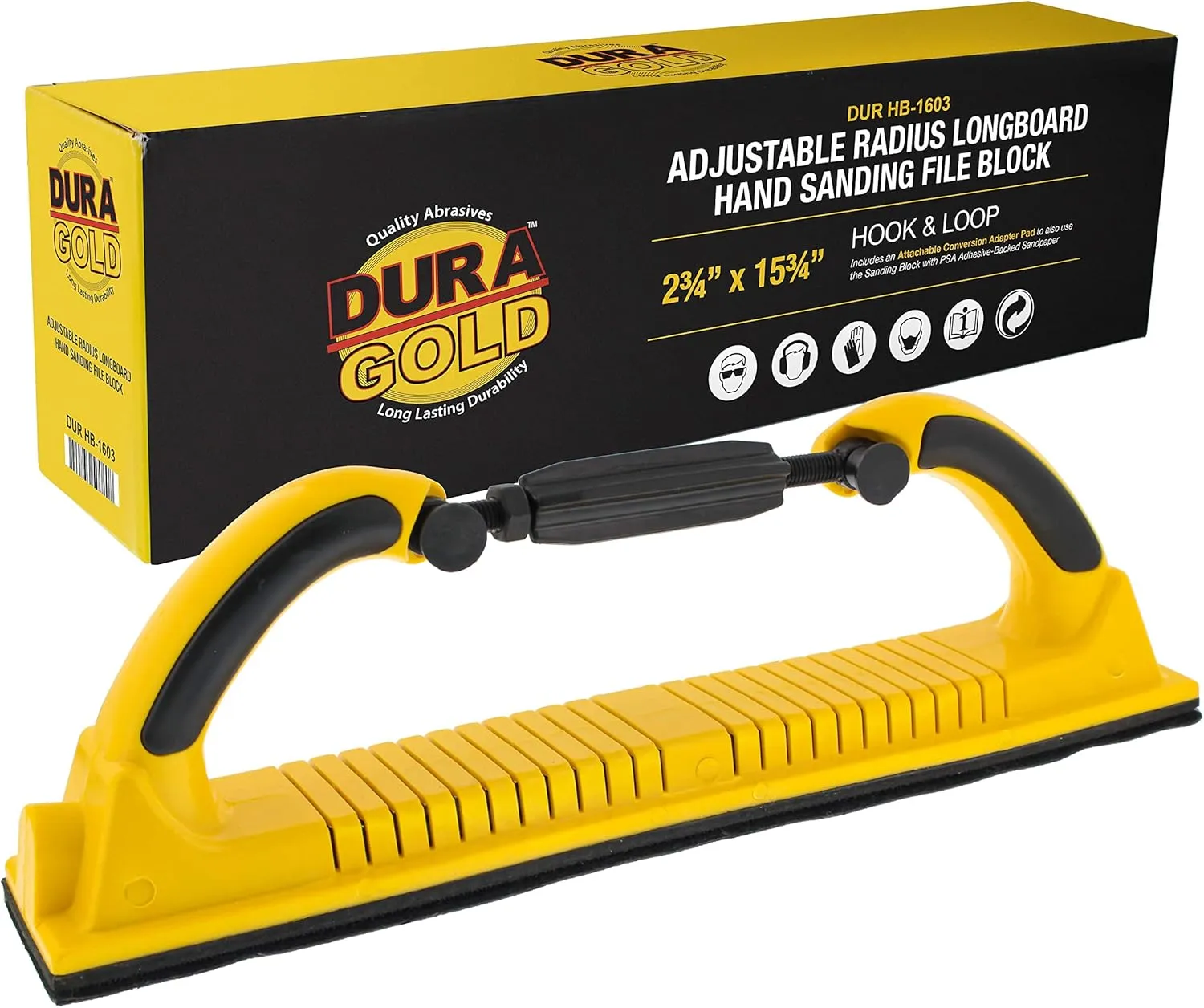 Dura-Gold Pro Series Adjustable Radius Flex Longboard Hand Sanding File Block with Both Hook & Loop Backing and PSA Backing Conversion Adapter Pad, Use Continuous Rolls or Sandpaper Sheets, Auto, Wood