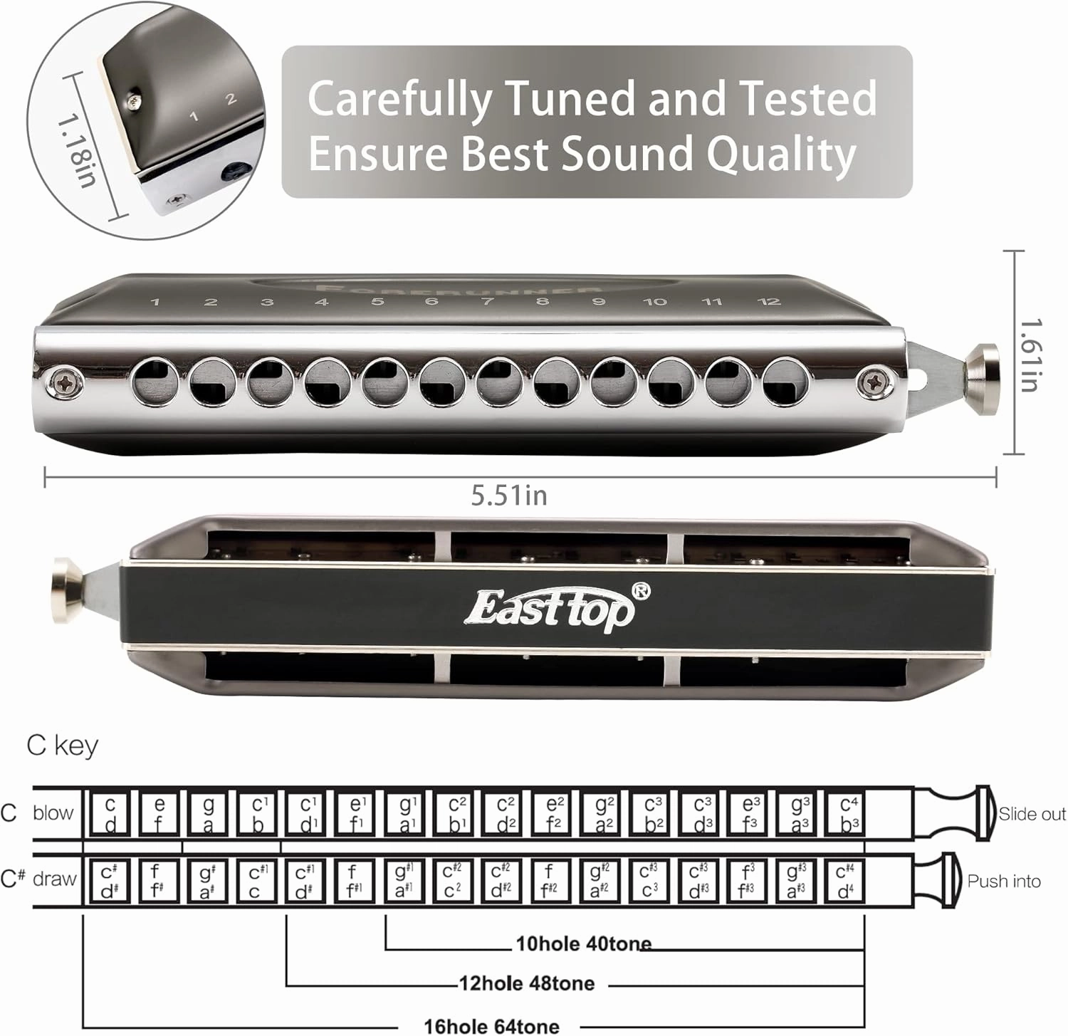 East top Harmonica, Forerunner Chromatic Harmonica C Key 12-Hole 48 Tones Mouth Organ Key of C for Adults, Beginners and Students