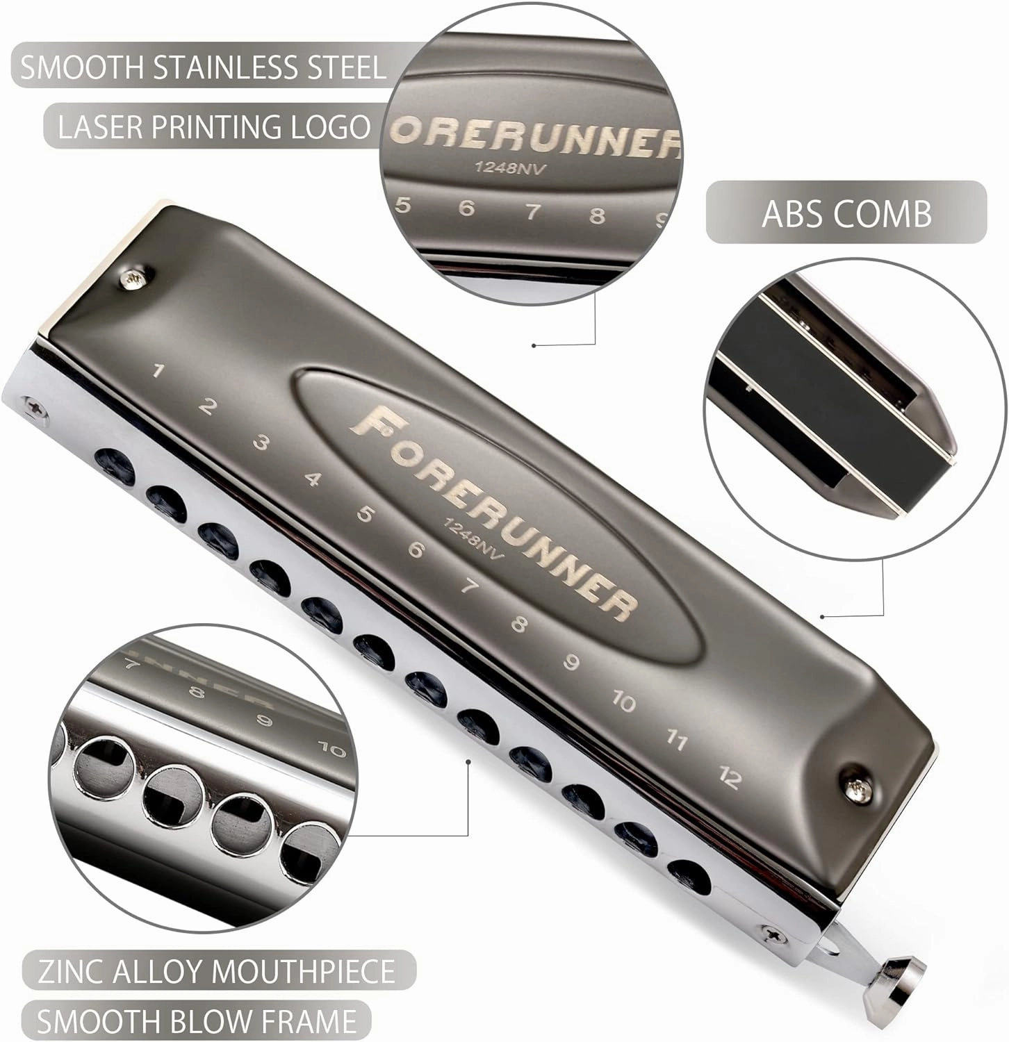 East top Harmonica, Forerunner Chromatic Harmonica C Key 12-Hole 48 Tones Mouth Organ Key of C for Adults, Beginners and Students