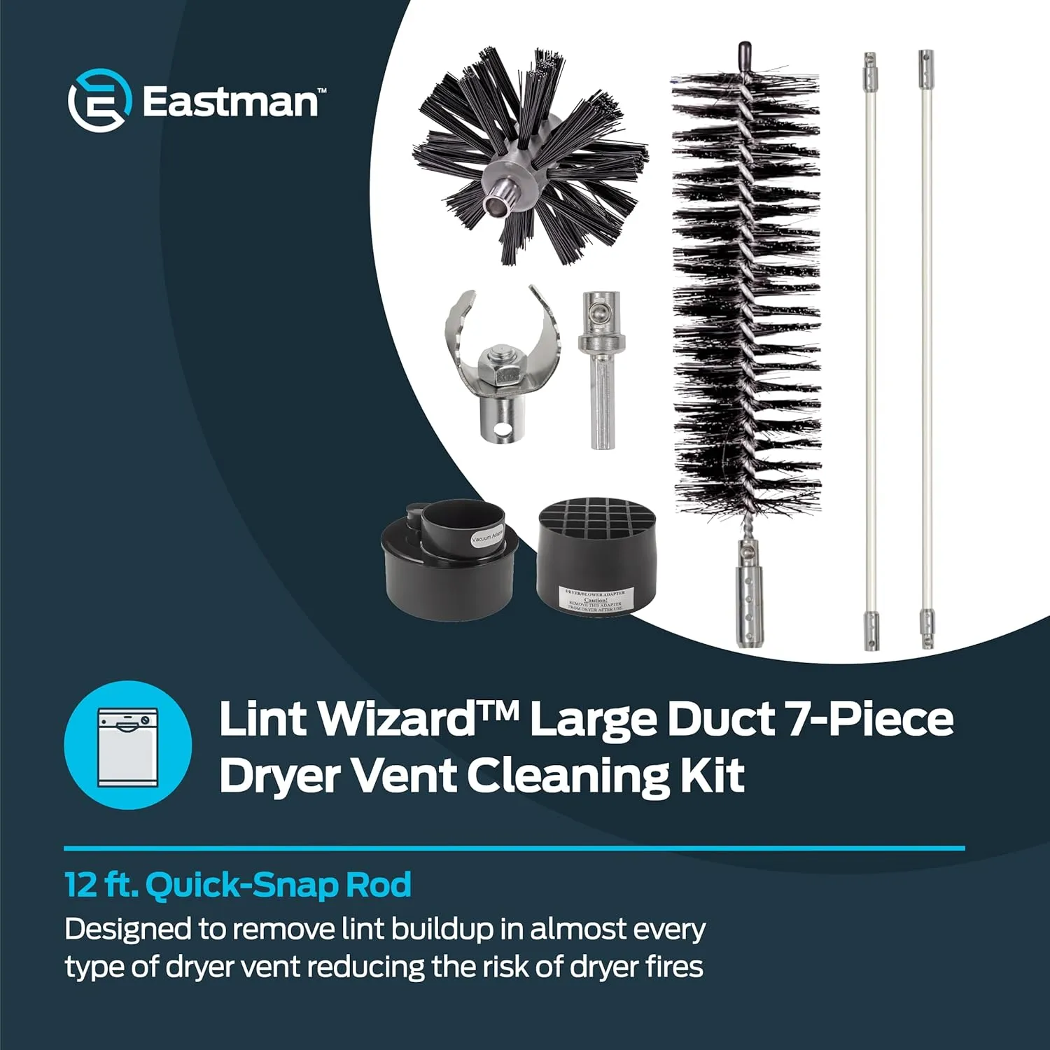 Eastman Lint Wizard Large Duct 7-Piece Dryer Vent Cleaning Kit, 12 Foot Flexible Quick-Snap Rods, 4 Inch Auger Brush, Lint Trap Brush, 60768