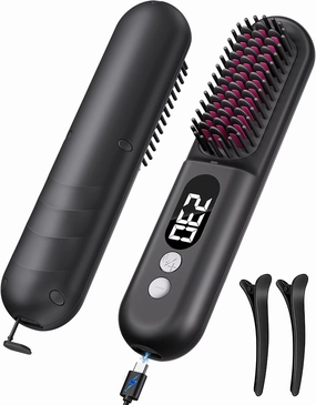 Easywave Cordless Hair Straightener Brush: Portable Hair Straightener for Travel - Negative Ion Hot Comb Hair Straightening Brush for Women, USB Rechargeable, Long-Standby, Anti-Scald