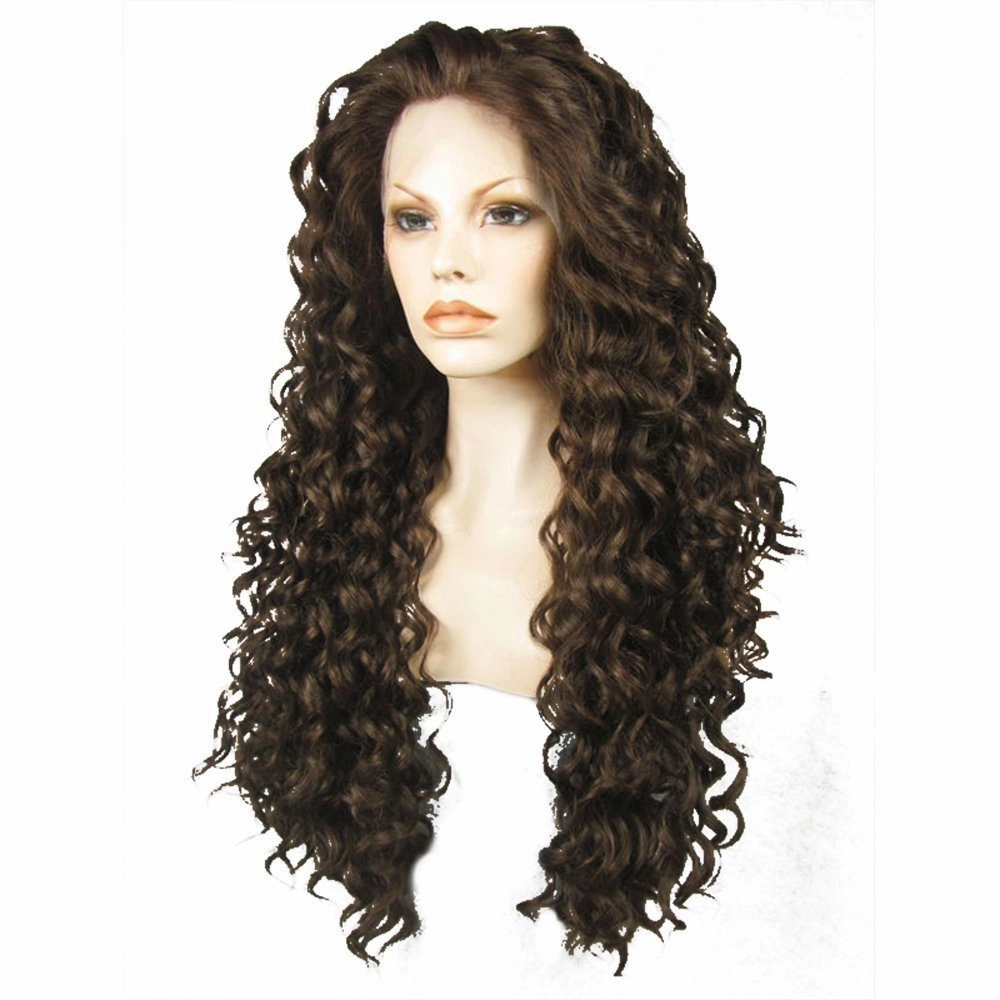 Ebingoo   Hair Cap Long Brown Lace Front Wig for Women Dark Brown Lace Front Wig Dark Long Curly Wig Brown Synthetic Wig Widow Peak Caramel Hair Wig for Women Girls Daily Wear