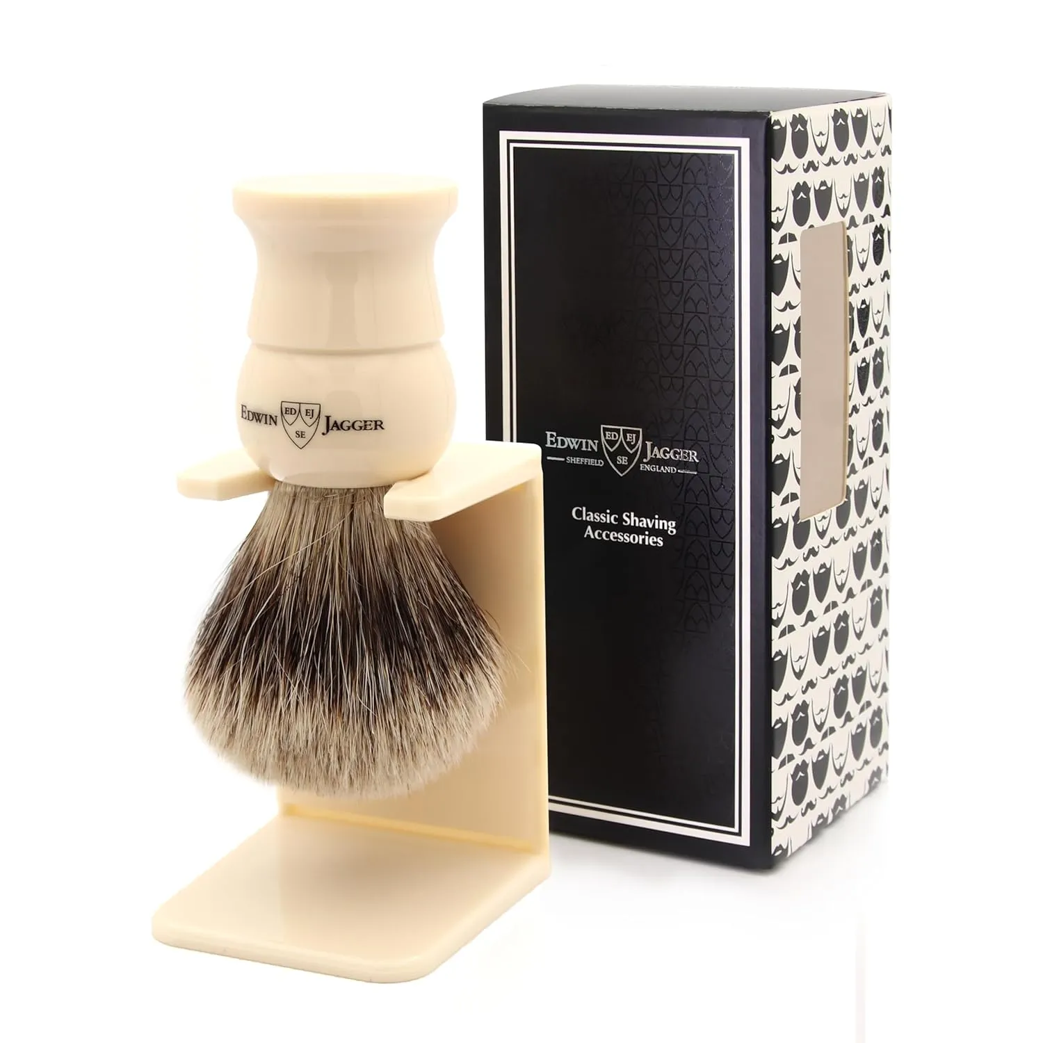 Edwin Jagger 1EJ287SDS Medium Super Badger Shaving Brush with Stand, Imitation Ivory for use with Shaving Cream or Soap for Men