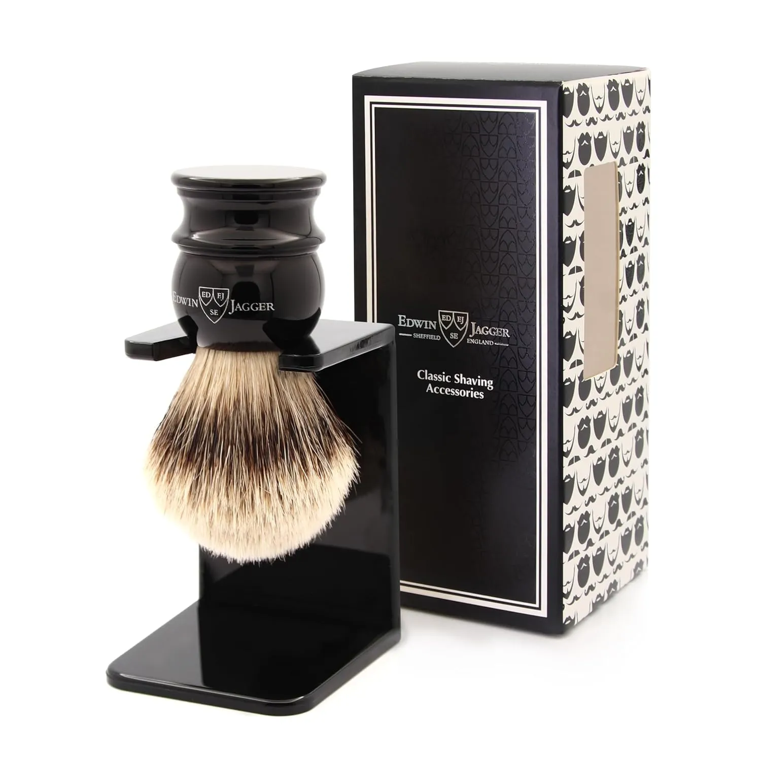 Edwin Jagger 1EJ466SDS Medium Silver Tip Badger Shaving Brush with Stand, Imitation Ebony for use with Shaving Cream or Soap for Men