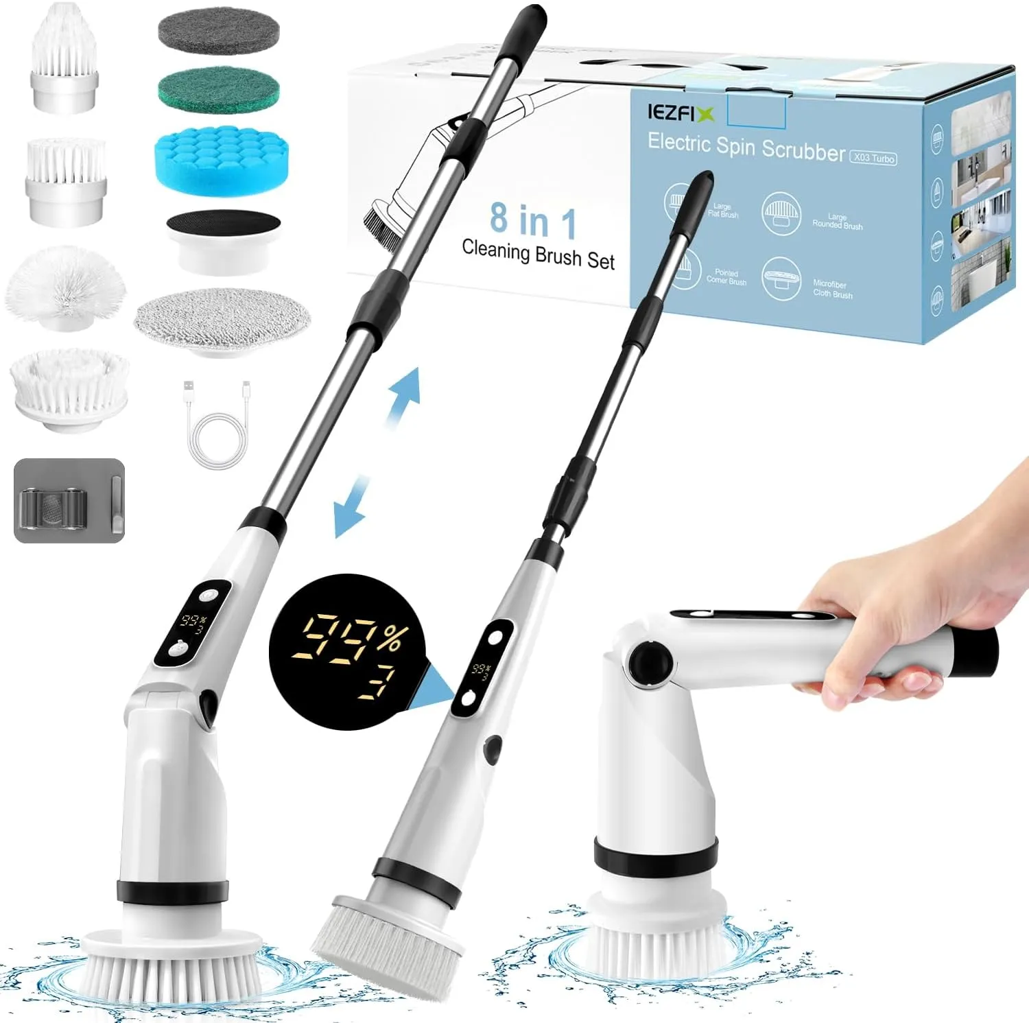 Electric Spin Scrubber, Bathroom Shower Scrubber for Cleaning Tub/Tile/Floor/Sink/Window, Powered Cleaning Brush Cordless with Telescopic Rod, 8 Scrub Brushes, 450RPM Max - X03 Black
