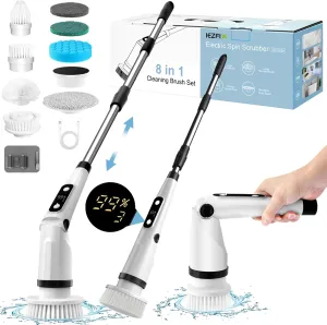 Electric Spin Scrubber, Bathroom Shower Scrubber for Cleaning Tub/Tile/Floor/Sink/Window, Powered Cleaning Brush Cordless with Telescopic Rod, 8 Scrub Brushes, 450RPM Max - X03 Black