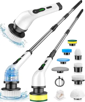 Electric Spin Scrubber, Cordless Cleaning Brush, Shower Scrubber with 8 Brush Heads 2H Power Dual Speed, Adjustable Extension Handle, IPX7 Waterproof for Tub Tile Car Floor Polishers, PA-25