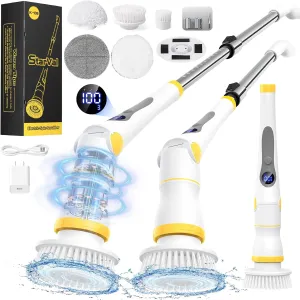 Electric Spin Scrubber, Cordless Cleaning Brush with LED Display, 4 Adjustable Angles, 3 Speeds, 2H Runtime, Adjustable Handle, 5 Brush Heads for Bathroom Tub Kitchen Tile Floor