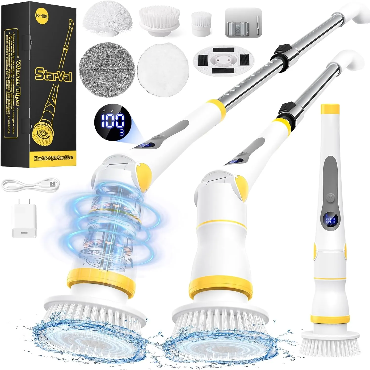 Electric Spin Scrubber, Cordless Cleaning Brush with LED Display, 4 Adjustable Angles, 3 Speeds, 2H Runtime, Adjustable Handle, 5 Brush Heads for Bathroom Tub Kitchen Tile Floor