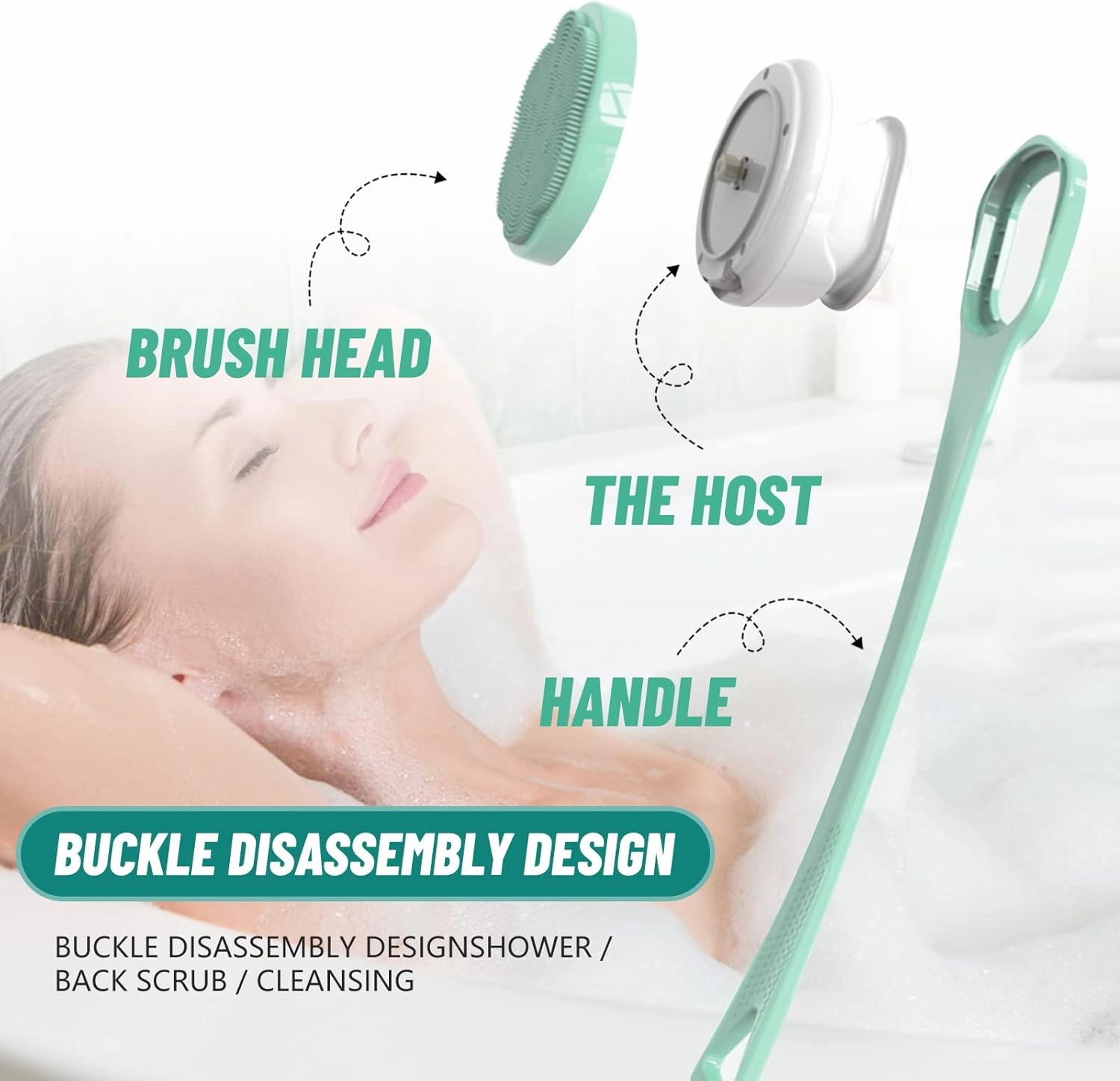 Electric Body Bath Brush, Scrubber Shower Brush Rechargeable Long-Handled Electric Bath Brush with 6 Heads for Cleanse, Massage, Exfoliate and Pamper Your Skin in The Shower (Fresh Green)