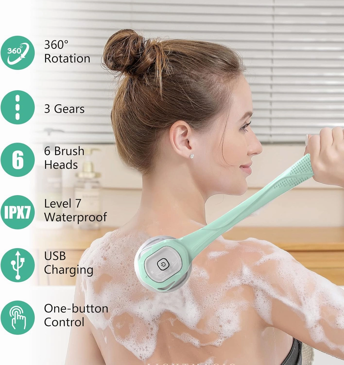 Electric Body Bath Brush, Scrubber Shower Brush Rechargeable Long-Handled Electric Bath Brush with 6 Heads for Cleanse, Massage, Exfoliate and Pamper Your Skin in The Shower (Fresh Green)