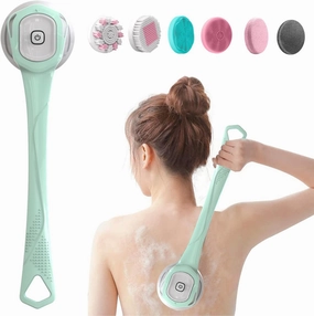 Electric Body Bath Brush, Scrubber Shower Brush Rechargeable Long-Handled Electric Bath Brush with 6 Heads for Cleanse, Massage, Exfoliate and Pamper Your Skin in The Shower (Fresh Green)