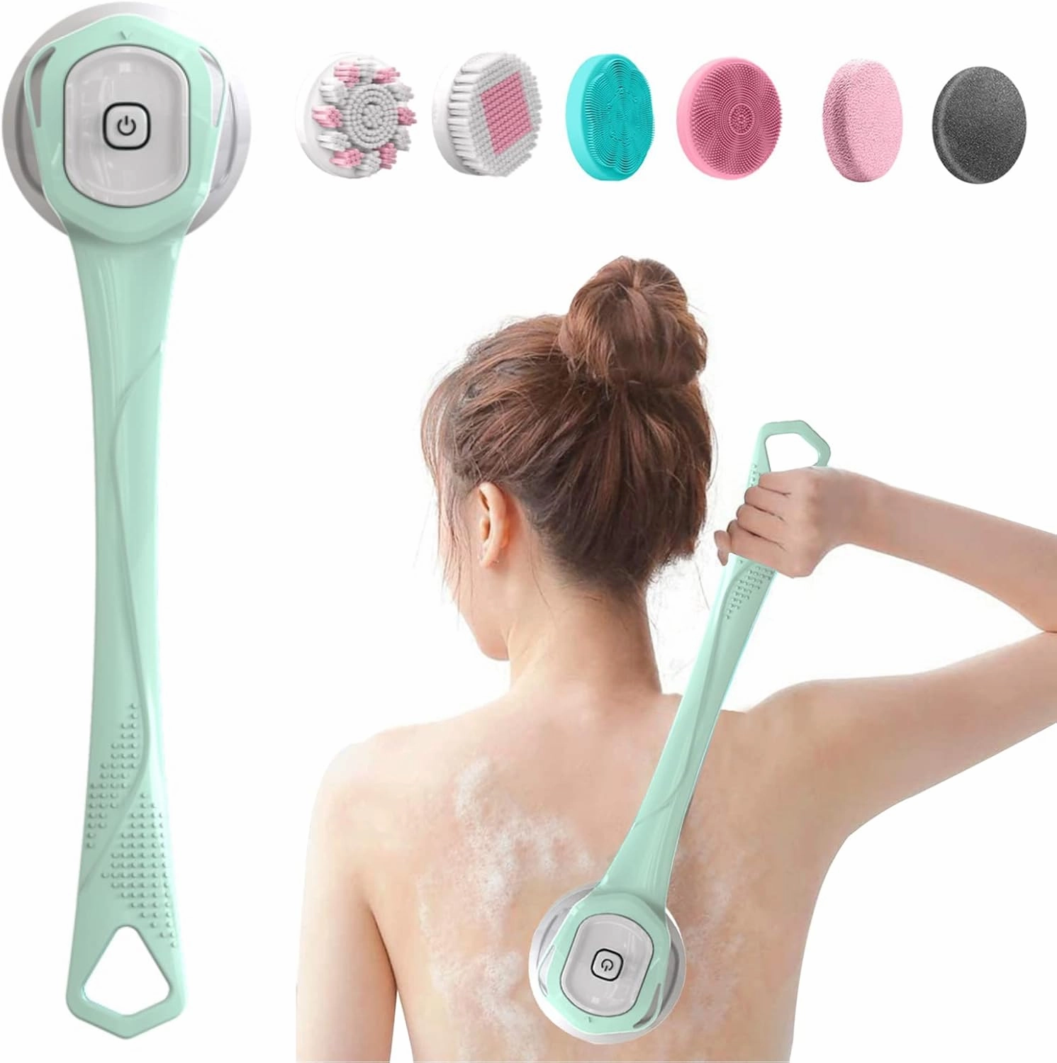 Electric Body Bath Brush, Scrubber Shower Brush Rechargeable Long-Handled Electric Bath Brush with 6 Heads for Cleanse, Massage, Exfoliate and Pamper Your Skin in The Shower (Fresh Green)