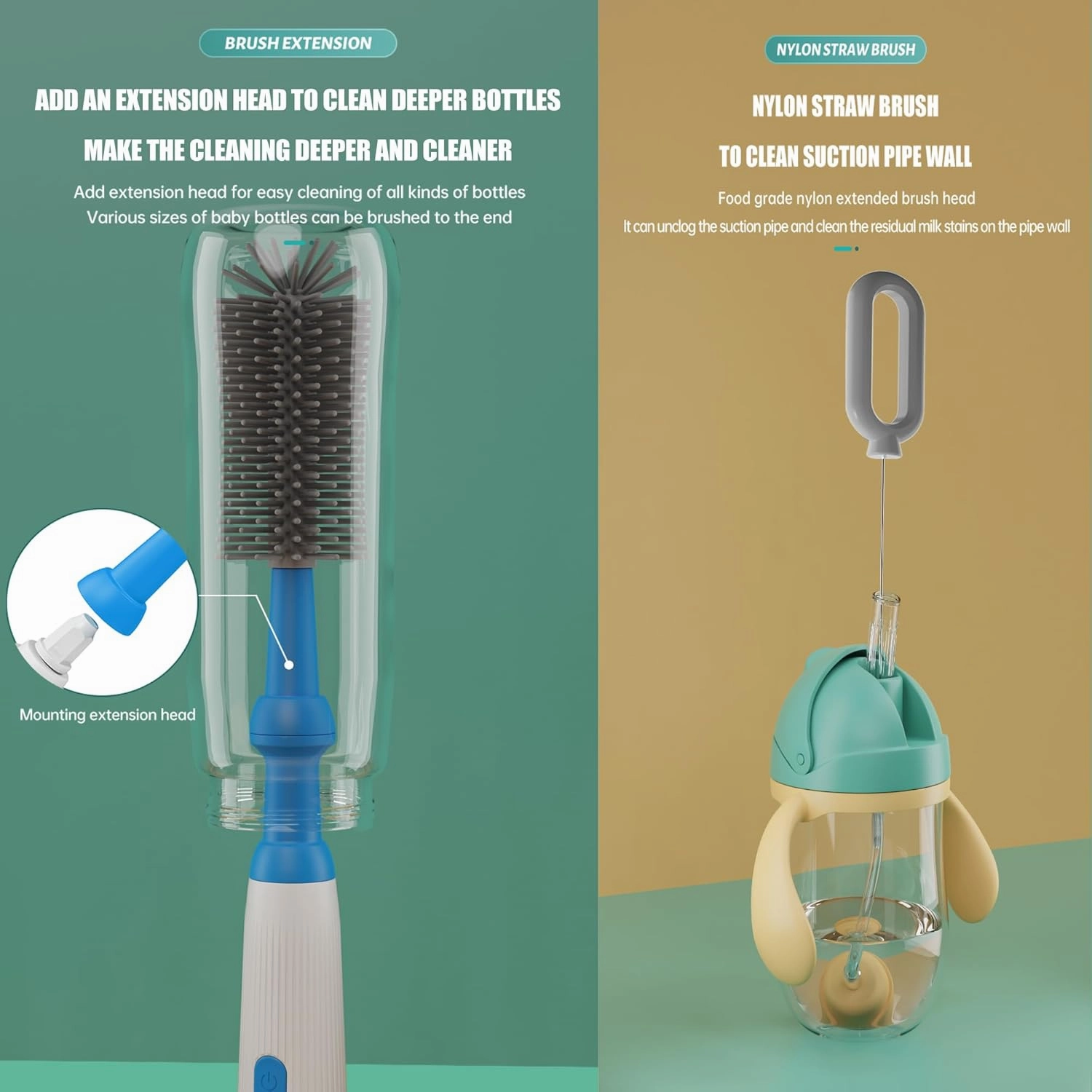Electric Bottle Brush Set with Baby Bottle Brush 4-Piece,Bottle Brush,Nipple Brush,Straw Brush and Extension Handle,USB Rechargeable,Gift for Pregnant Women and New Moms (Grey)