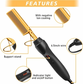 Electric Hot Comb Hair Straightener, Deluxe Electrical Straightening Comb Curling Iron for Natural Black Wigs, Hot Comb Electric for Wigs Pressing Combs with Wig Glue Melting Spray Hair Wax Stick