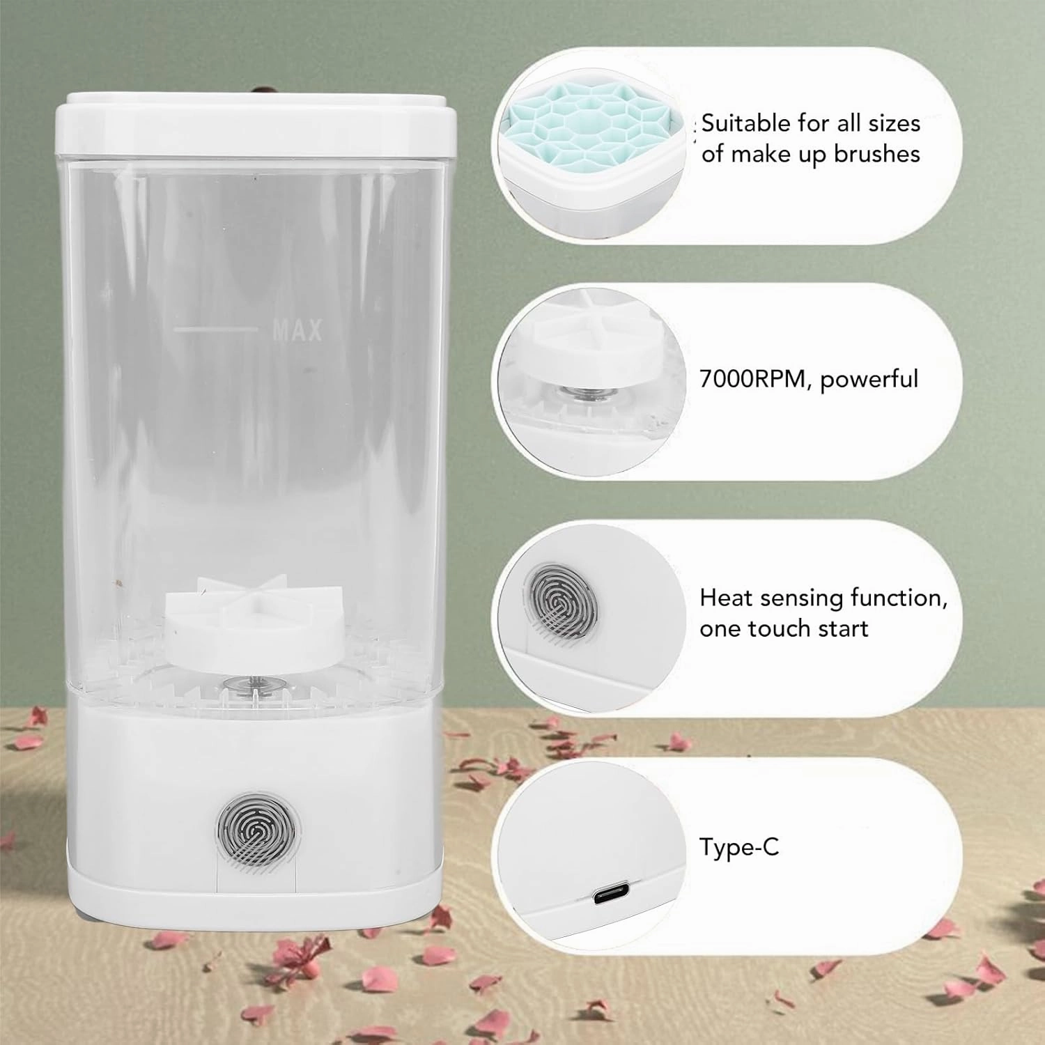 Electric Makeup Brush Cleaner, 8W 7000rpm Deep Cleaning with Transparent Body, Large Capacity Design, 2 Modes, Portable Design Cleaner for All Type Makeup Brushes (White)