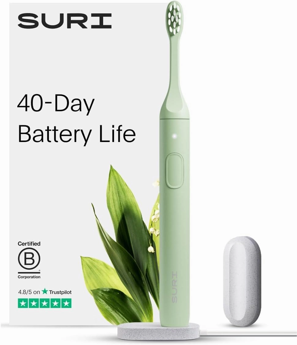 Electric Toothbrush - Sustainably Designed in California. Electric Toothbrushes Adults. Durable Slim Sonic Travel Tooth Brush. 40-Day Battery, Green