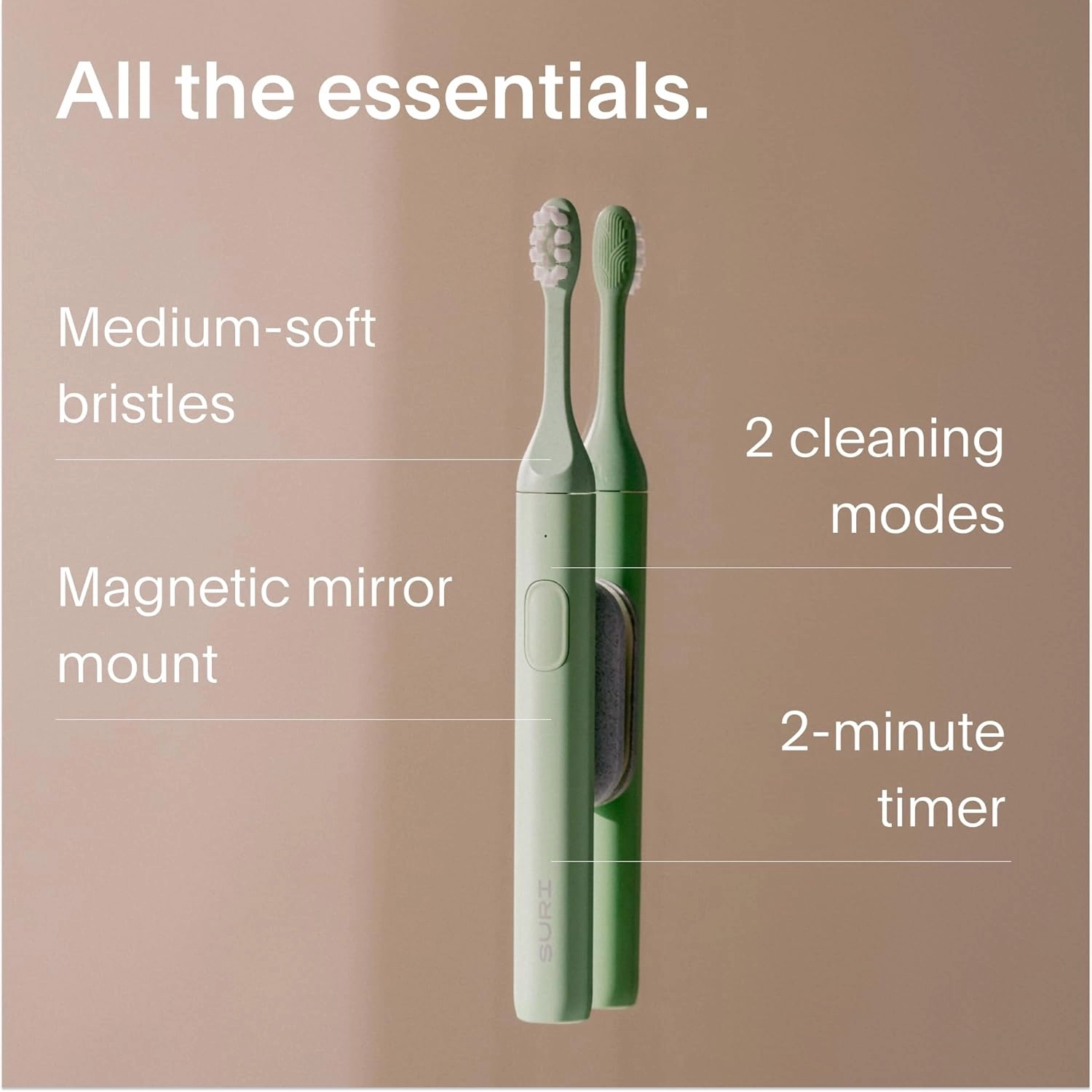 Electric Toothbrush - Sustainably Designed in California. Electric Toothbrushes Adults. Durable Slim Sonic Travel Tooth Brush. 40-Day Battery, Green