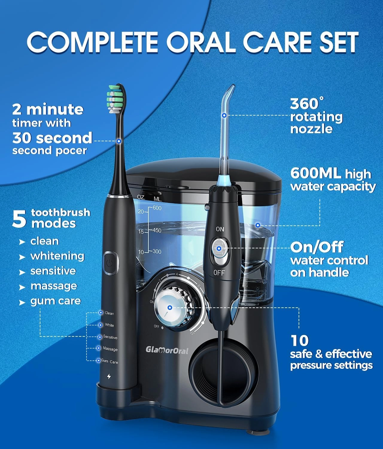 Electric Toothbrush and Water Flosser,600ML Oral Irrigator Water Flosser with 7 Jet Tips,10 Adjustable Pressure Settings,Sonic Electric Toothbrush with 2 Brush Heads,5 Modes(Black)