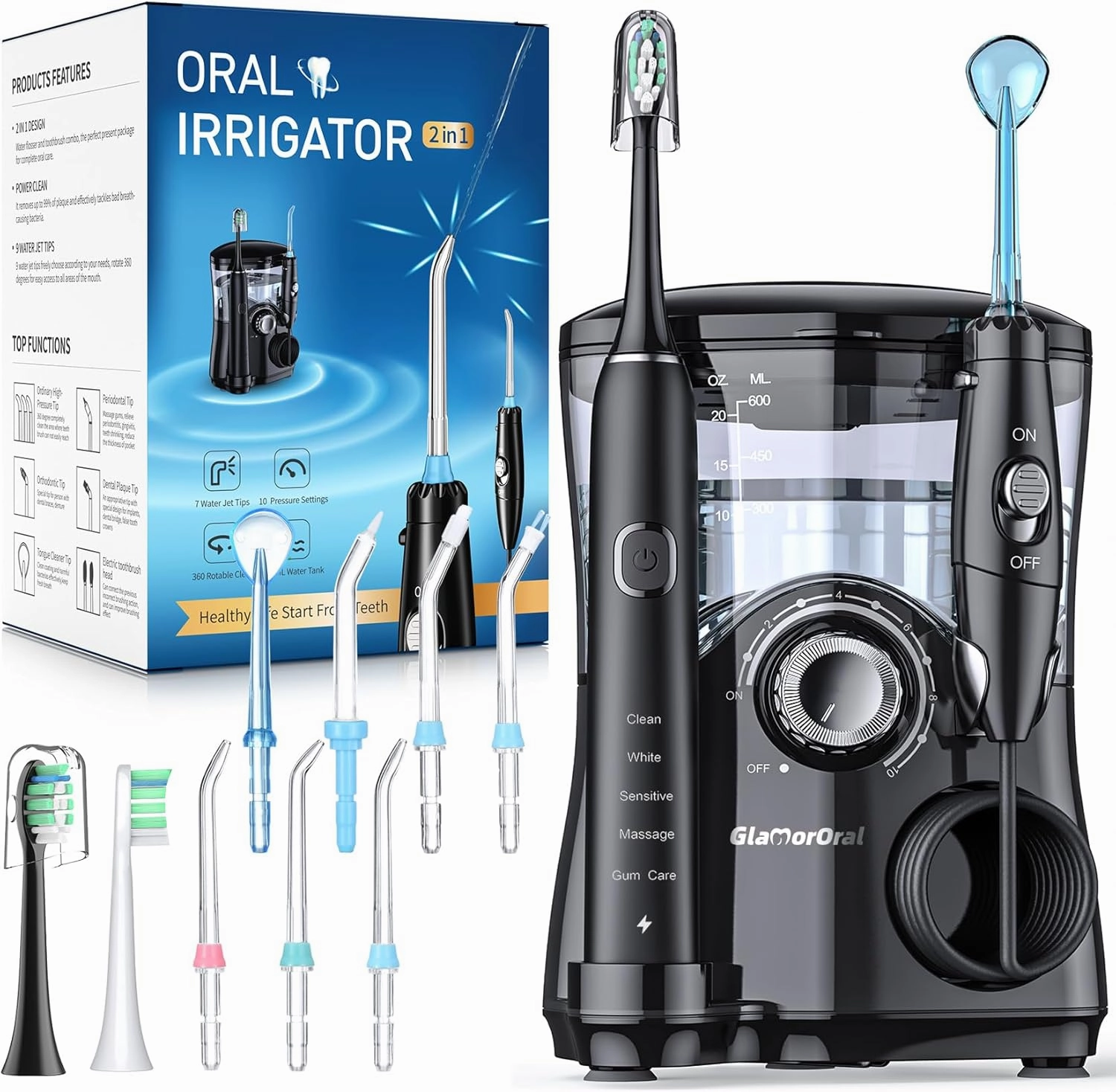 Electric Toothbrush and Water Flosser,600ML Oral Irrigator Water Flosser with 7 Jet Tips,10 Adjustable Pressure Settings,Sonic Electric Toothbrush with 2 Brush Heads,5 Modes(Black)
