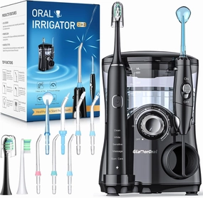 Electric Toothbrush and Water Flosser,600ML Oral Irrigator Water Flosser with 7 Jet Tips,10 Adjustable Pressure Settings,Sonic Electric Toothbrush with 2 Brush Heads,5 Modes(Black)