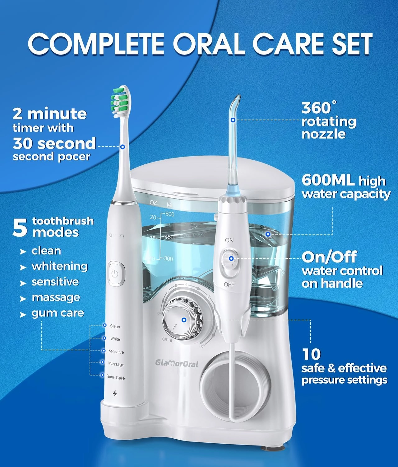 Electric Toothbrush and Water Flosser,600ML Oral Irrigator Water Flosser with 7 Jet Tips,10 Adjustable Pressure Settings,Sonic Electric Toothbrush with 2 Brush Heads,5 Modes(White)