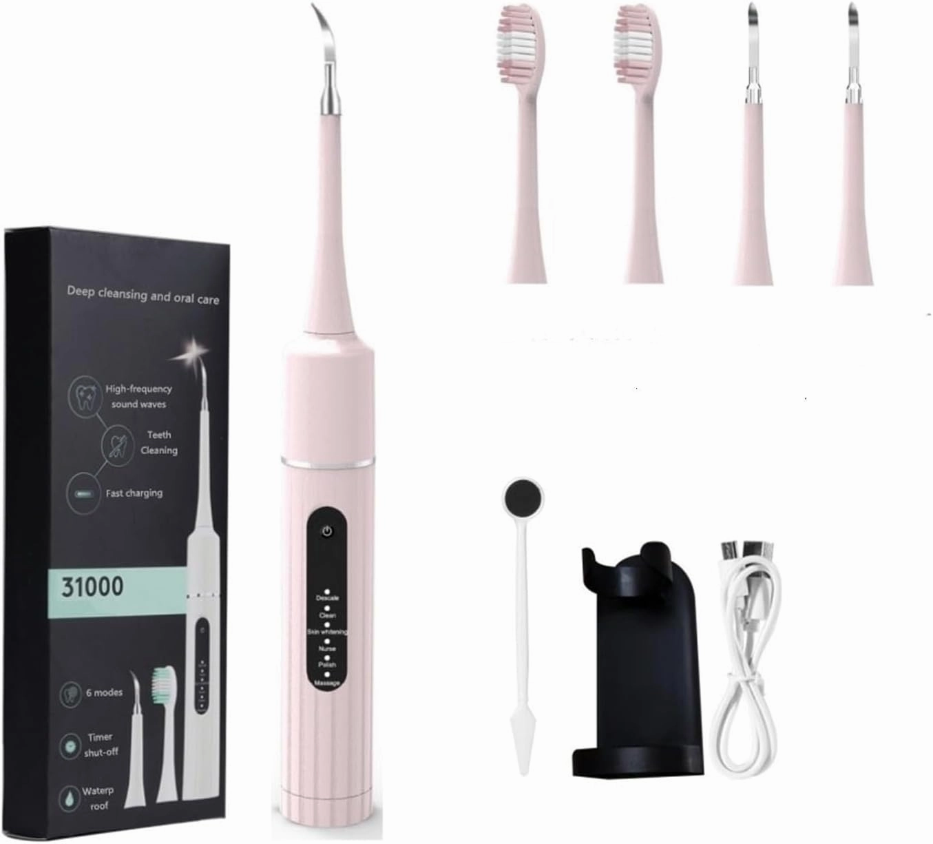 Electric Toothbrush, Vibrating and Oscillating Brush (for Adults), with 2 Heads, 1 Flat, 1 Pointed, IPX7 Waterproof, with Soft Bristles, Long-Lasting Battery and Multiple Brushing Modes(Pink)