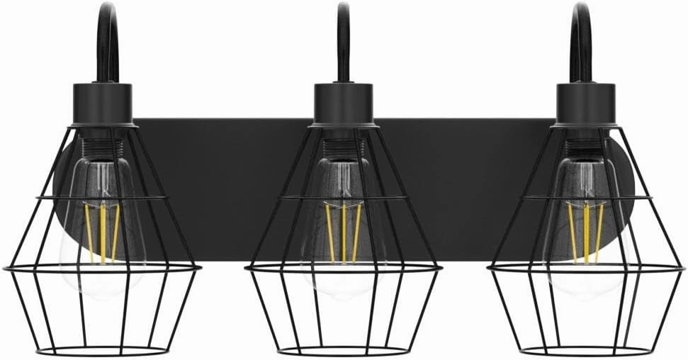 Elibbren Retro Style Industrial Bathroom Vanity Light - 3 Lights, Vintage Matte Black Wall Sconce with Caged, E26 Base Farmhouse Wall Light Fixture