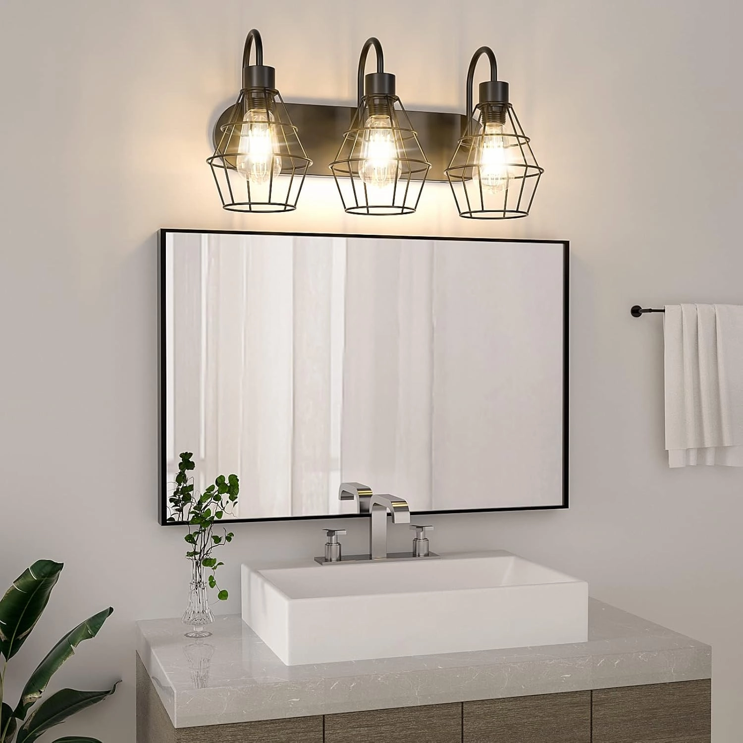 Elibbren Retro Style Industrial Bathroom Vanity Light - 3 Lights, Vintage Matte Black Wall Sconce with Caged, E26 Base Farmhouse Wall Light Fixture