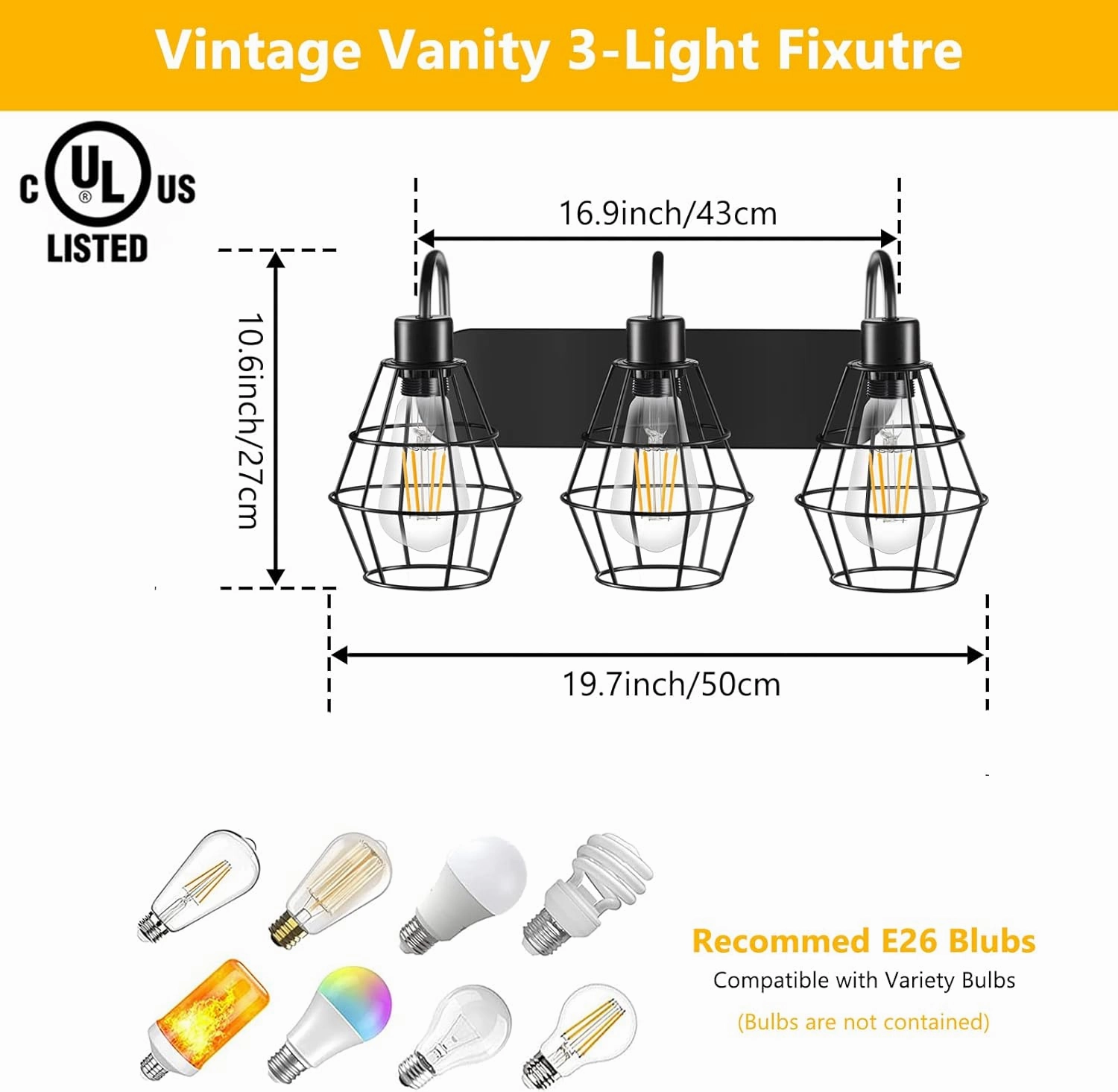 Elibbren Retro Style Industrial Bathroom Vanity Light - 3 Lights, Vintage Matte Black Wall Sconce with Caged, E26 Base Farmhouse Wall Light Fixture