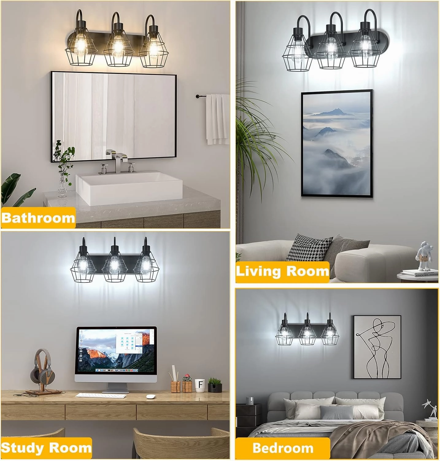 Elibbren Retro Style Industrial Bathroom Vanity Light - 3 Lights, Vintage Matte Black Wall Sconce with Caged, E26 Base Farmhouse Wall Light Fixture