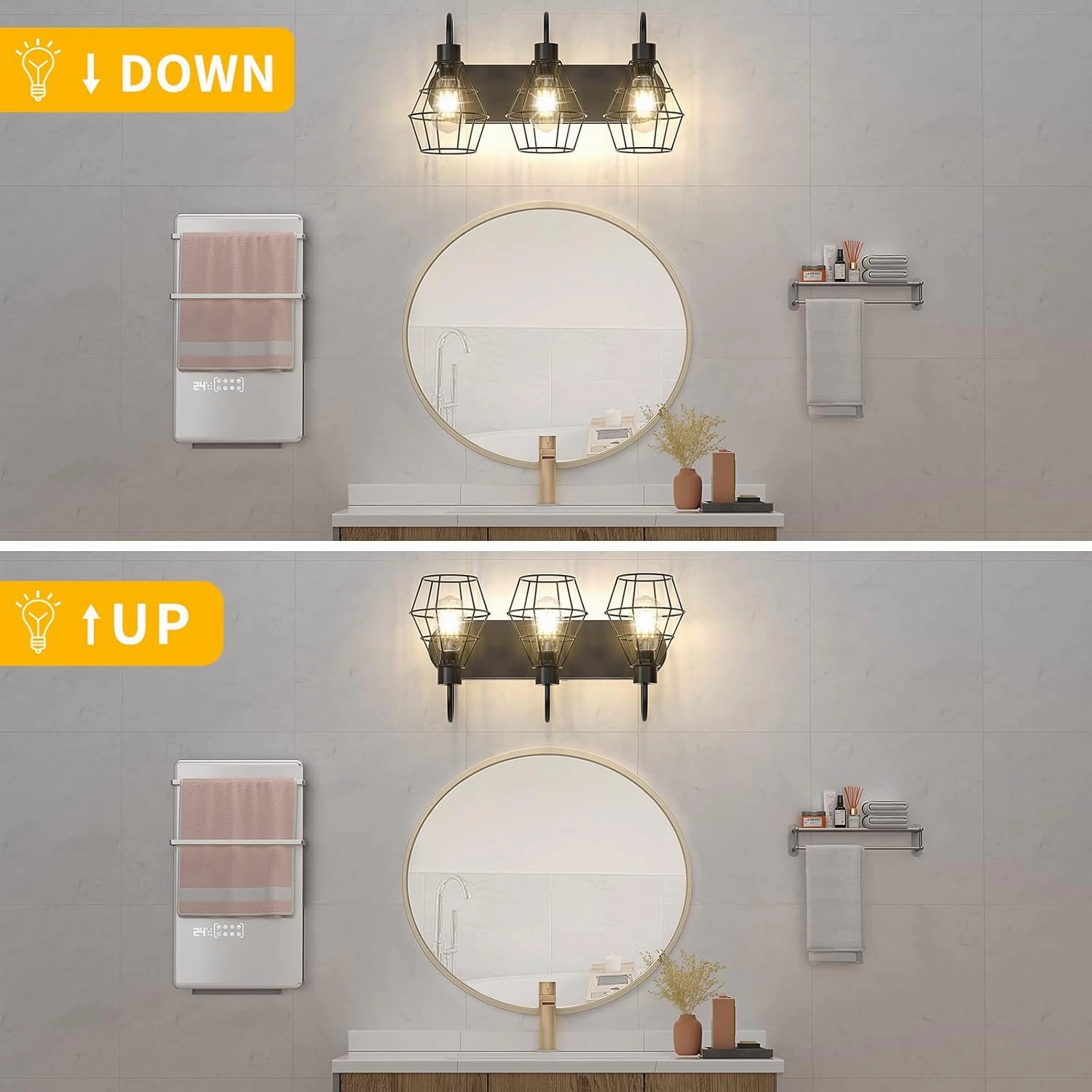 Elibbren Retro Style Industrial Bathroom Vanity Light - 3 Lights, Vintage Matte Black Wall Sconce with Caged, E26 Base Farmhouse Wall Light Fixture