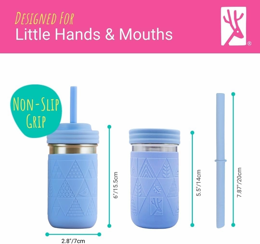 Elk and Friends Stainless Steel Cups |14 oz Mason Jar design | Kids & Toddler Cups with Silicone Sleeves & Straws with Stopper | Smoothie Cups | Dishwasher Safe
