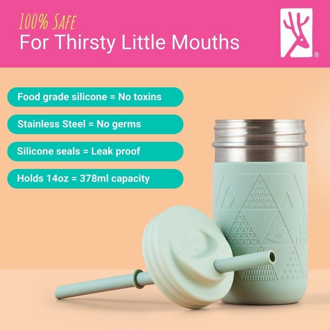 Elk and Friends Stainless Steel Cups |14 oz Mason Jar design | Kids & Toddler Cups with Silicone Sleeves & Straws with Stopper | Smoothie Cups | Dishwasher Safe