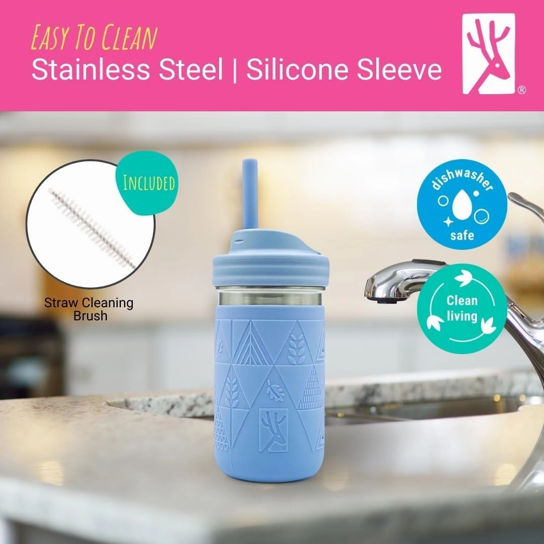 Elk and Friends Stainless Steel Cups |14 oz Mason Jar design | Kids & Toddler Cups with Silicone Sleeves & Straws with Stopper | Smoothie Cups | Dishwasher Safe