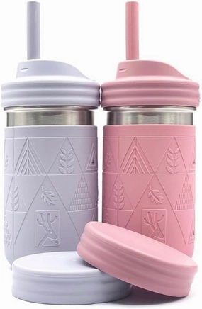 Elk and Friends Stainless Steel Cups |14 oz Mason Jar design | Kids & Toddler Cups with Silicone Sleeves & Straws with Stopper | Smoothie Cups | Dishwasher Safe